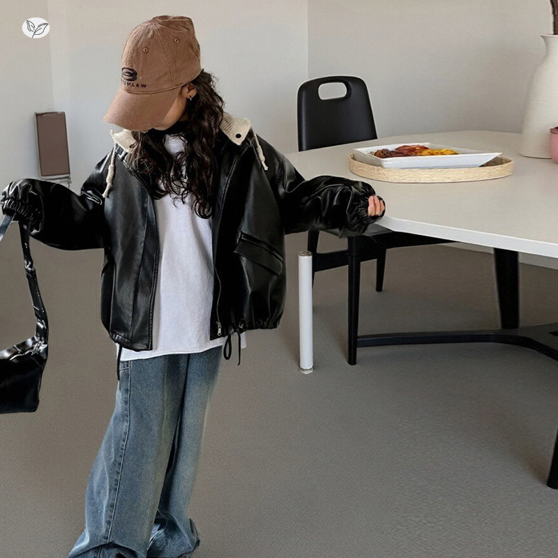 Girls' Leather Jacket 2026 Autumn New Style for Older Children, Hooded Jacket, Short Sweatshirt, Cardigan for Spring and Autumn