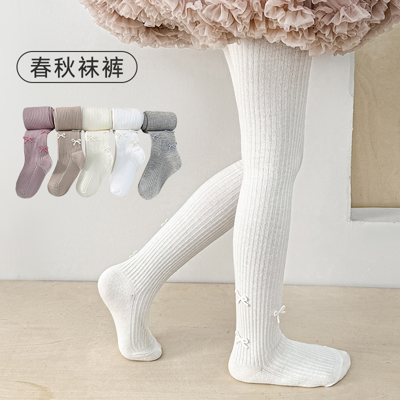 女童无骨连裤袜春季新款精梳棉儿童蝴蝶结连脚裤袜女孩宝宝打底裤
