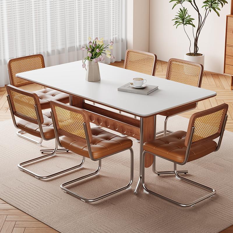 Solid Wood Dining Table Modern Simple Slate Dining Table Rectangular Solid Wood Cream Color Storage Chair Stool French Retro