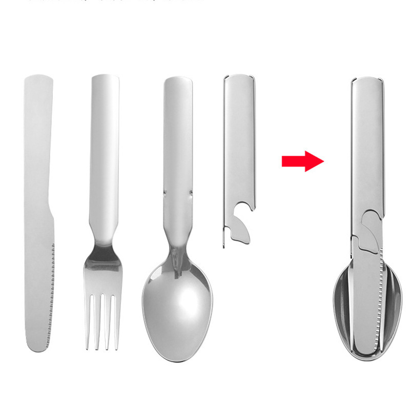 跨境不鏽鋼戶外野營刀叉勺三件套四合一套裝多用攜便式收納餐具