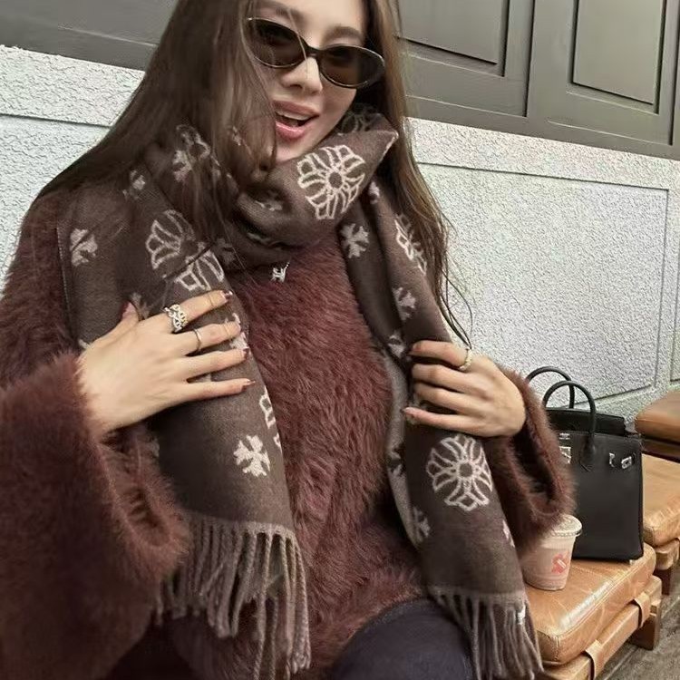 여성 페어아일 자카드 울 혼방 숄 머플러 200×65cm 가죽 라벨 태슬 겨울 목도
