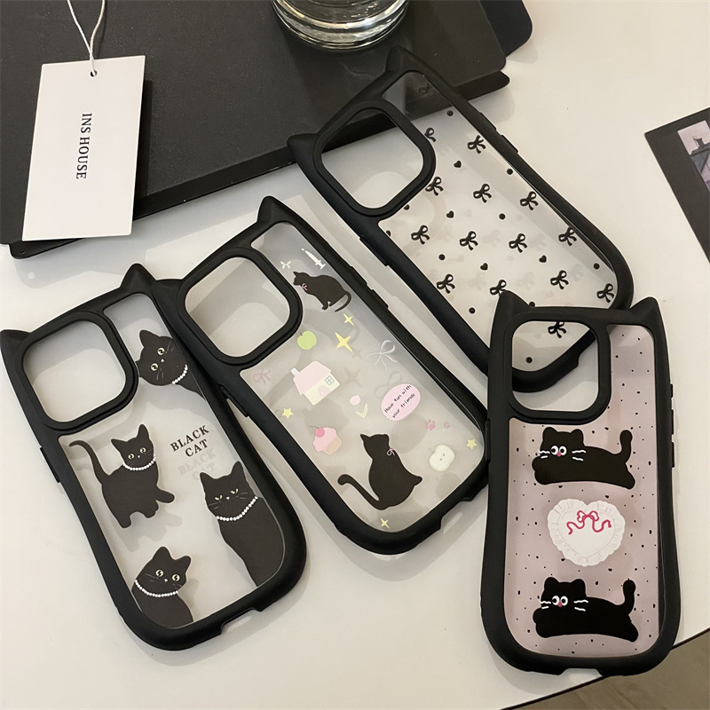 Cat Ears Black Cat Case for Apple 16 iPhone15promax Transparent 14 Two-in-One 13 Women