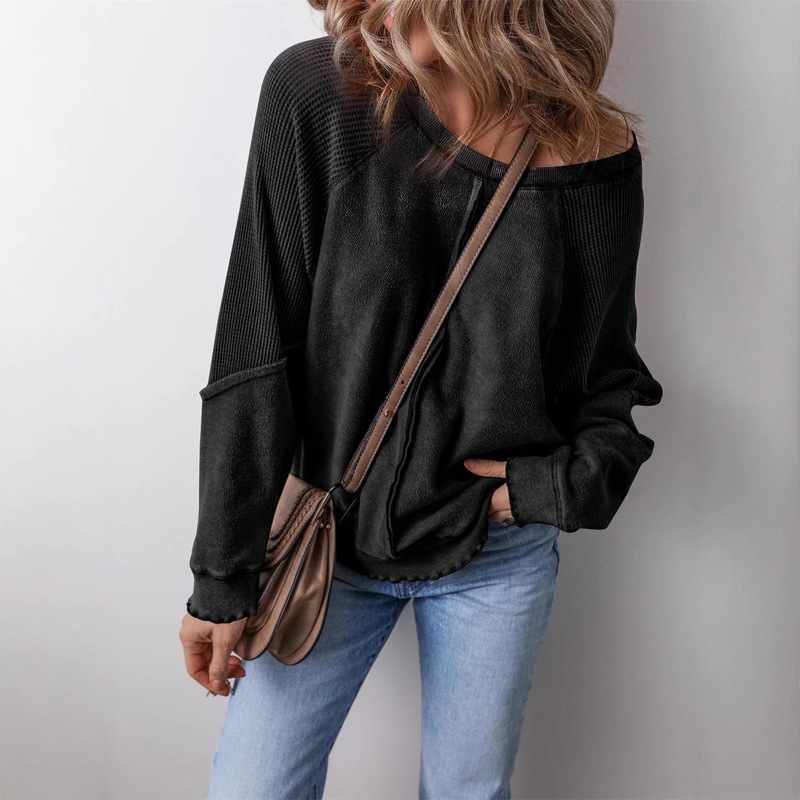 Autumn and Winter New Stitching Simple Loose Round Neck Knitted Women's 2024 European and American Casual All-match Shoulder Long-sleeved Top