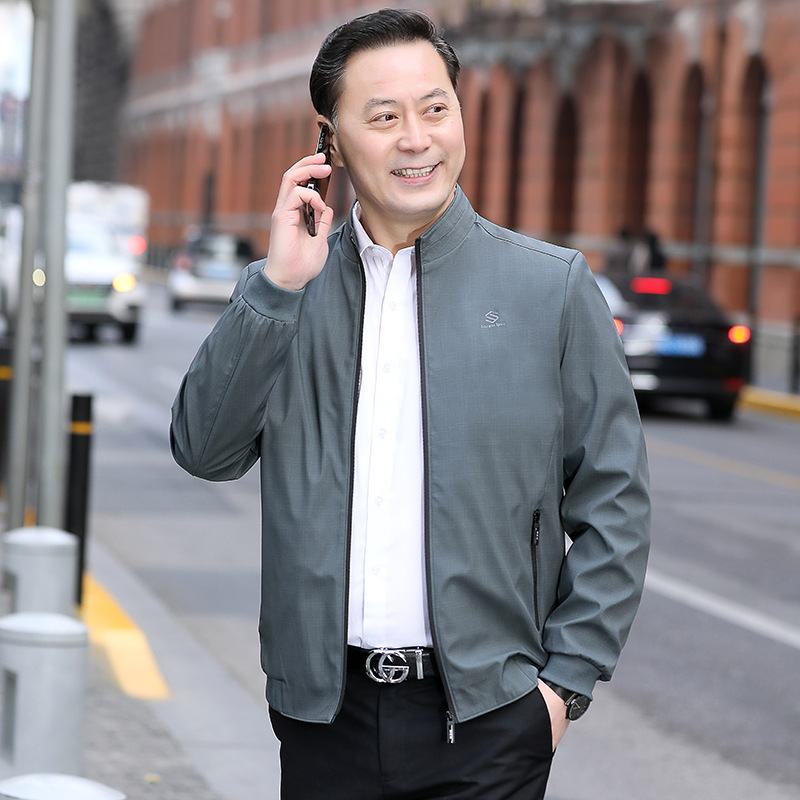 [Antiarrugas a prueba de viento] chaqueta de primavera y otoño de los hombres para padres de mediana edad y ancianos chaqueta de cuello alto de negocios de primavera delgada