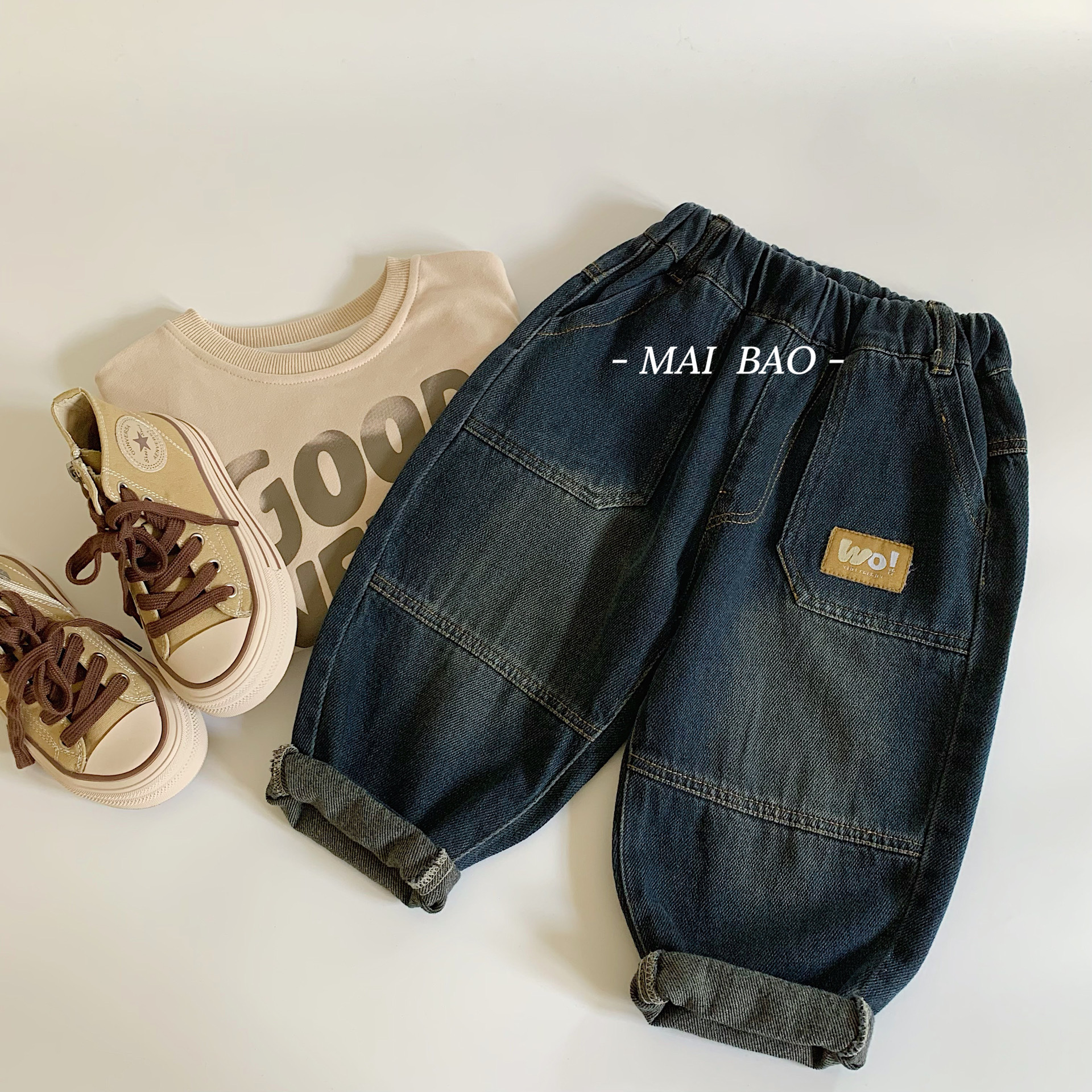 Jeans para Niños Mabao, Estilo Otoño 2026, con Bolsillos de Parche, Corte Holgado, Pantalones Largos Versátiles para Niños, Estilo Coreano, Pantalones Casuales