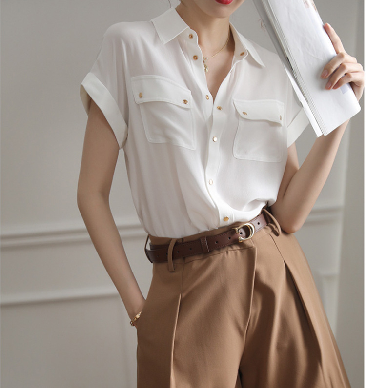 Áo sơ mi cổ polo nữ tay ngắn dáng rộng kiểu Pháp màu trắng — Màu trắng chi tiết 6