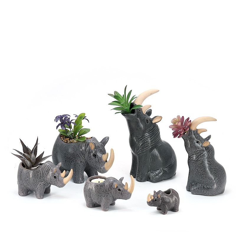 现代简约创意犀牛陶瓷花瓶摆件种多肉植物家用客厅书房办公室桌子