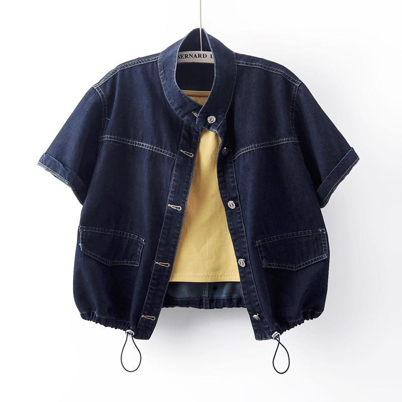 2025 New Summer Style Hem Drawstring Stand Collar Denim Jacket Women's Short Loose Jacket Top Suspender Two-Piece Set