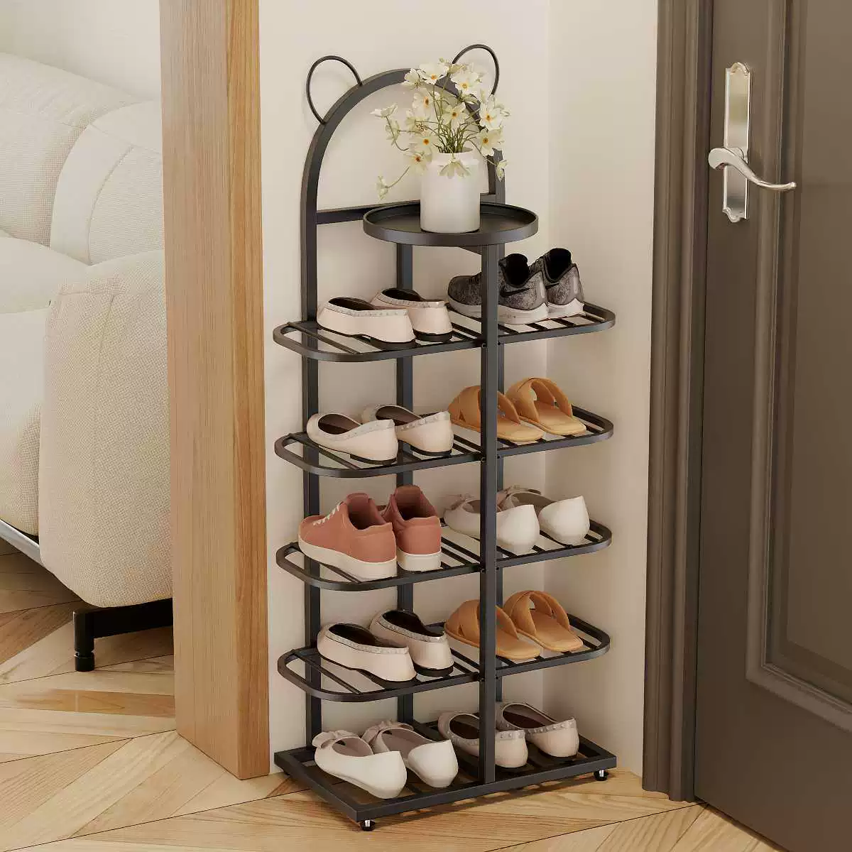Железная художественная полка для хранения для входа, простой дизайн, многослойная полка для обуви большой вместимости для домашнего использования, компактная полка для хранения для дверного проема.