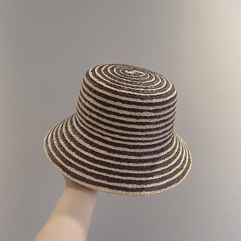 Hepburn Style Striped Raffia Flat Top Hat For Women Sun Hat_voghion.com