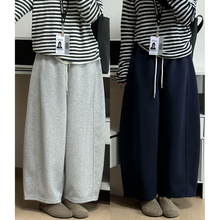 Gray Pure Cotton Cropped Casual Sports Sweatpants for Women, Plus Size, Autumn and Winter, Pear-Shaped Body, Loose Slimming Scimitar Wide-Leg Pants