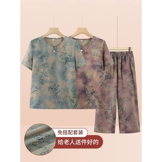 中老年女装妈妈夏装套装奶奶T恤薄款老人短袖两件套婆婆太太衣服