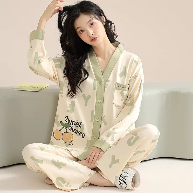 2024 new Korean version of pajamas women's spring and autumn cotton long sleeve less women's cardigan autumn and winter home clothes can be worn outside
