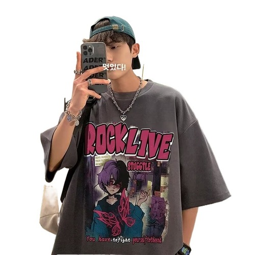 Pure Cotton New Wine Red T-Shirt for Men, American Style Trend Brand Retro Heavyweight Short-Sleeve Summer National Trend Casual Loose Half-Sleeve