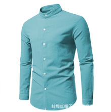 2025跨境外贸新款男装春季男士欧美纯色立领开衫休闲棉长袖衬衫