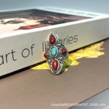 新款尼泊尔手工度银饰开口食指戒指环民族风镶嵌红松石马鞍戒男女