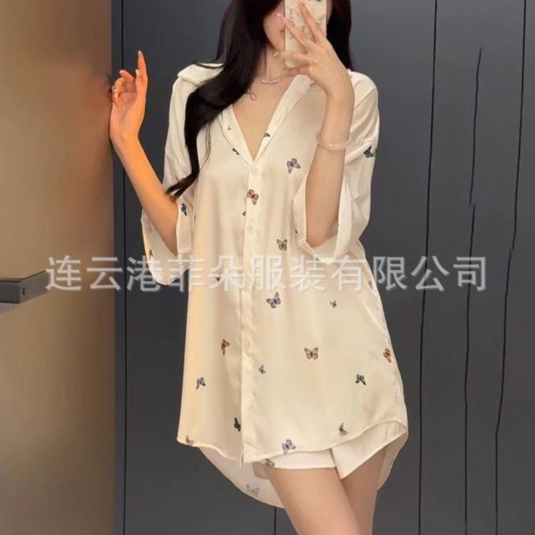 [Butterfly Pearl] High-End Accessible Luxury Ice Silk Butterfly Shirt Dress Women's Pajamas Summer New Home Wear Thin Suit