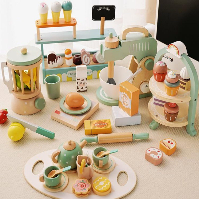 Simulación de educación temprana niños jugar casa tarde té postre pastel venta tetera taza juego de té traje de Madera Juguetes