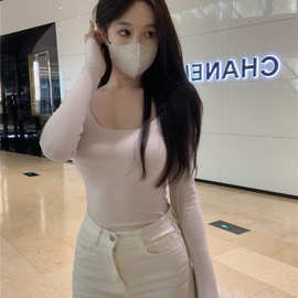 韩系漂亮小上衣双面绒长袖大u领T恤女秋冬粉色上衣短款内搭修身