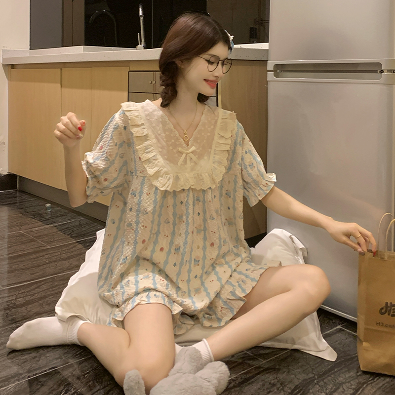 2025 新プリンセススタイル半袖パジャマ女性の夏のバブル綿大きいサイズ妊婦甘い薄いホーム服