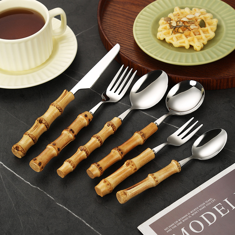 Cross-Border Hot-Selling Natural Bamboo Stainless Steel Tableware Real Bamboo Spoon Western Food Knife, Fork and Spoon Wooden Handle Tableware Set Cross-Border Hot-Selling Natural Bamboo Stainless Steel Tableware Real Bamboo Spoon Western Food Knife, Fork and Spoon Wooden Handle Tableware Set
