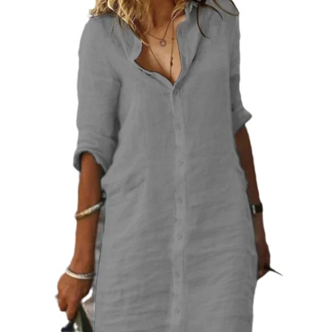 Loose Collar Buttoned Short-Sleeved Plain Cotton-Linen Shirt Dress_ecoleips.com