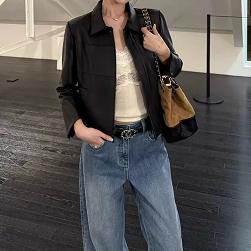 短款拼接小皮衣女酷飒风复古气质显瘦翻领黑色夹克外套秋2025秋季