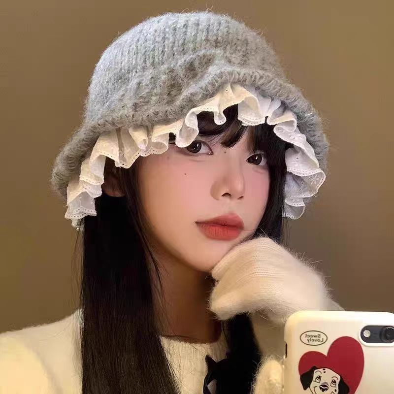 蕾丝花边盆帽针织渔夫帽女秋冬韩系水桶帽显脸小毛线帽大头围帽子|undefined