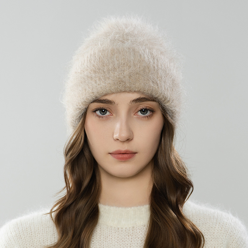 Mũ len beanie nữ lông cừu giữ ấm, vành tai bảo vệ, cỡ đầu lớn — màu be