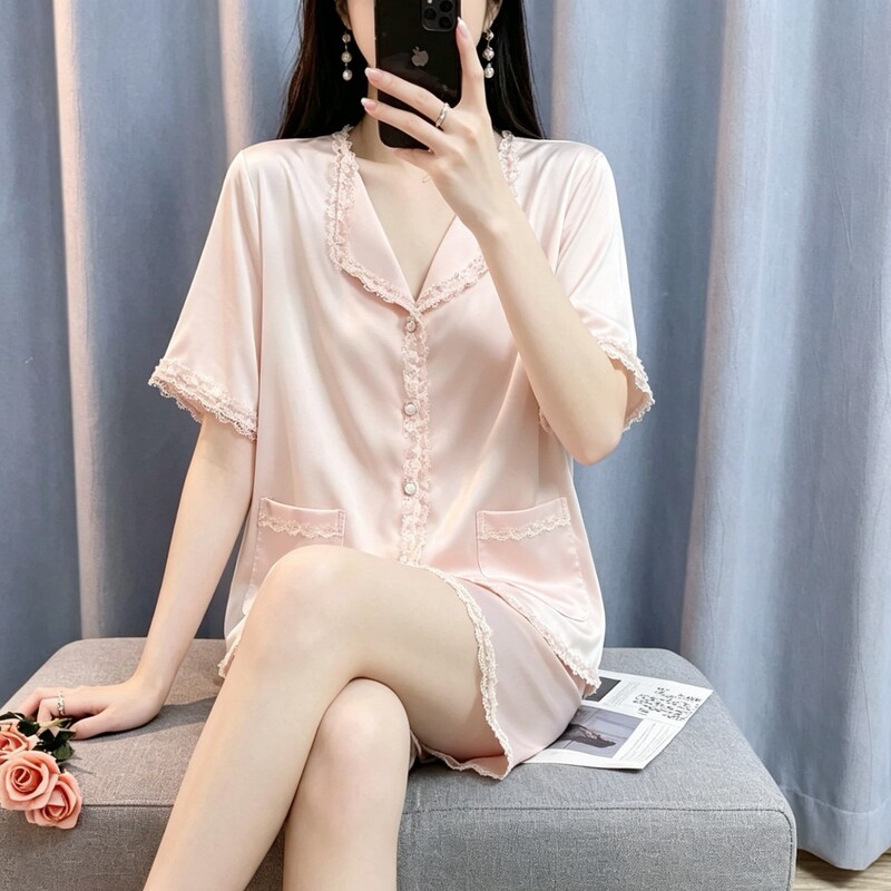 High-quality new solid-color French lace princess-style loose short-sleeve ice silk pajama set for women in summer High-quality new solid-color French lace princess-style loose short-sleeve ice silk pajama set for women in summer