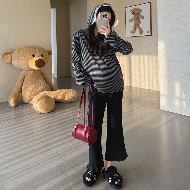 现货冬季新款加厚双面绒条纹连帽蕾丝拼接卫衣孕妇外穿孕妇上衣|undefined