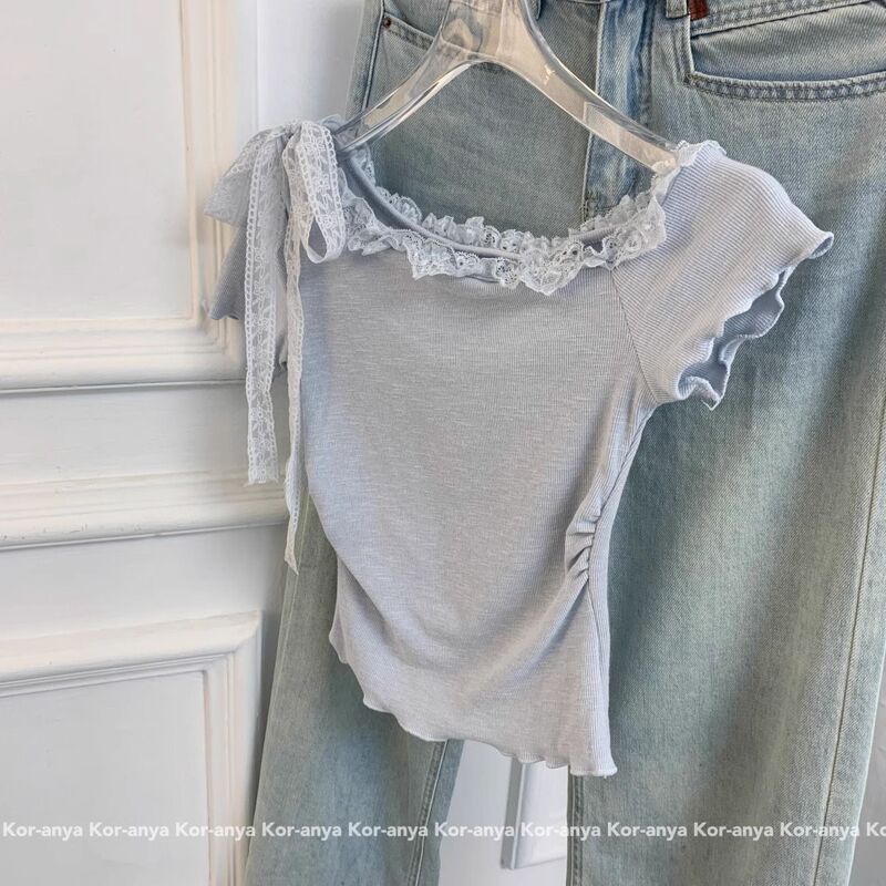 Pure Desire Lace Lace Off-Shoulder Short-Sleeved Sweater Women's 2025 Summer Pleated Waist Sweet Hot Girl Chic Top