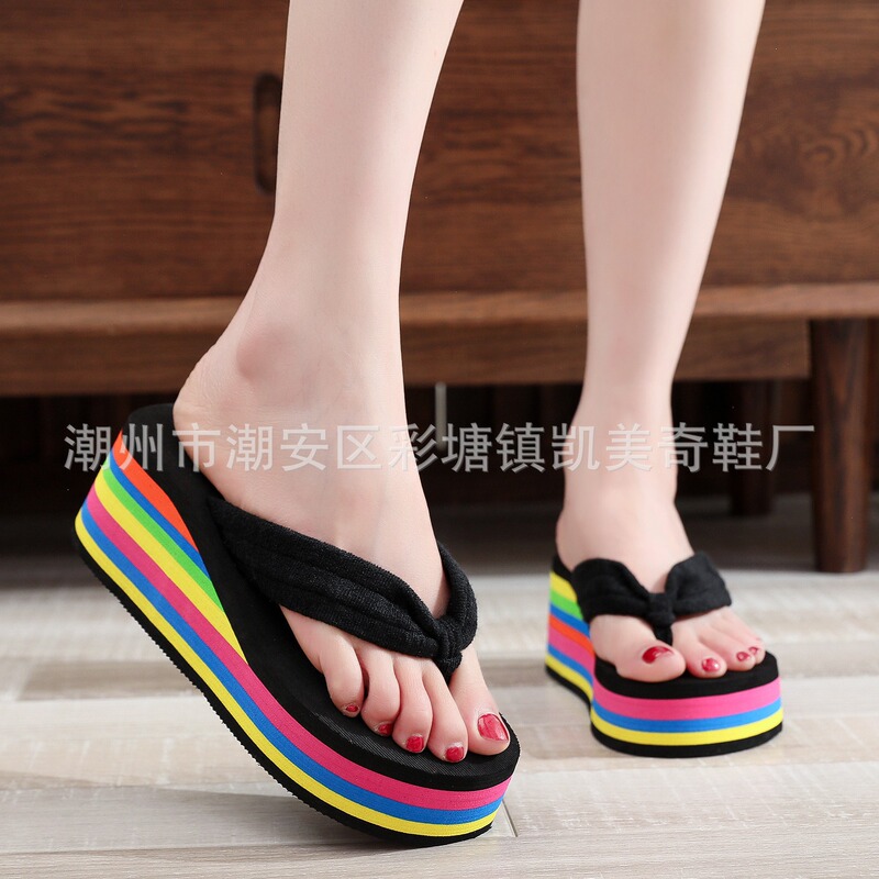 Summer Korean style rainbow towel cloth thick bottom EVA collapse foreign trade beach flip-flops plus size high heel women's shoes