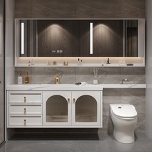 美式岩板一体智能镜浴室柜橡木挂壁式卫生间洗漱台延长马桶洗脸盆