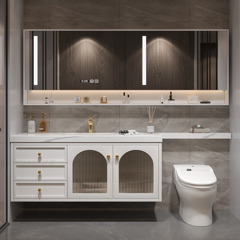美式岩板一体智能镜浴室柜橡木挂壁式卫生间洗漱台延长马桶洗脸盆