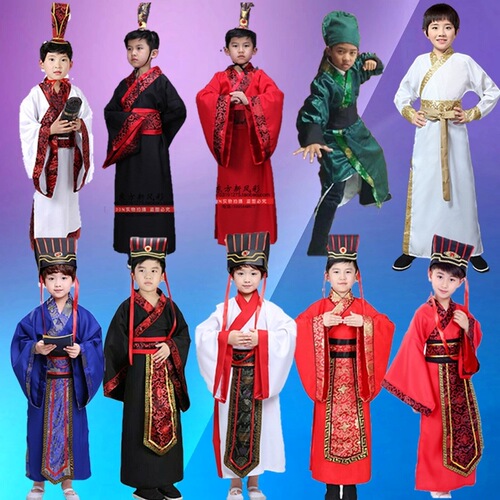 Children's Ancient Chinese Hanfu Costume Play on the Stage: Romance of the Three Kingdoms - Zhuge Liang, Cao Cao, Lu Su, Zhou Yu