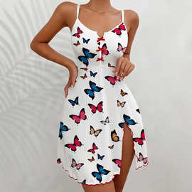 2025爆款欧美吊带睡裙彩蝴蝶印花开叉连衣裙女士休闲宽松居家睡裙