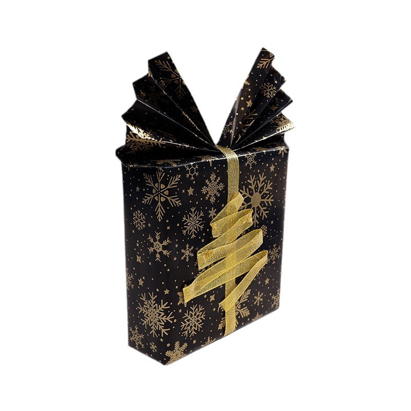 Rollo de papel de regalo de Navidad transfronterizo paquete de tubo de papel de regalo de árbol de Navidad de copo de nieve de oro negro rollo de gran tamaño sentido avanzado