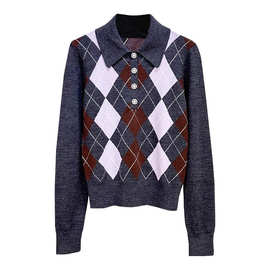 SP2025秋冬新款菱形格纹针织衫女翻领水钻扣复古长袖毛衣上衣