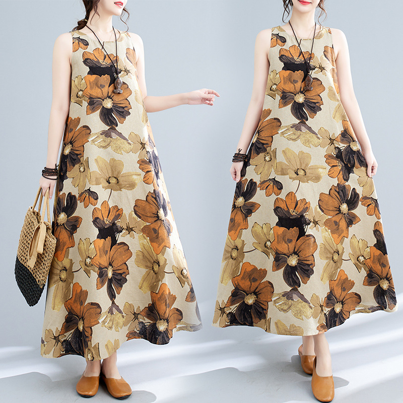 Real Shot of 2025 New Summer Style Literary Loose Cotton and Linen Printed Round Neck Sleeveless Dress for Women Mid-Length 8601 # Real Shot of 2025 New Summer Style Literary Loose Cotton and Linen Printed Round Neck Sleeveless Dress for Women Mid-Length 8601 #