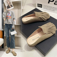 流苏单鞋2024春季新款女靴粗跟中跟复古低帮鞋方头浅口单鞋半托鞋