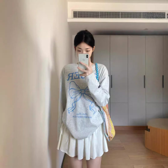 200g cotton back bag collar] American retro loose long sleeve T-shirt women's fashion design sense niche top white gray