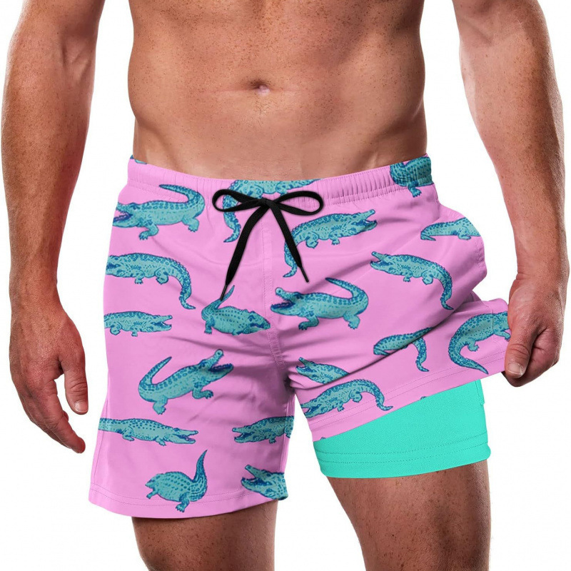 Cross-Border Amazon Boutique 3D Digital Printing Flat Cloth Men's Swimming Trunks with Compression Lining Double-Layer Beach Shorts