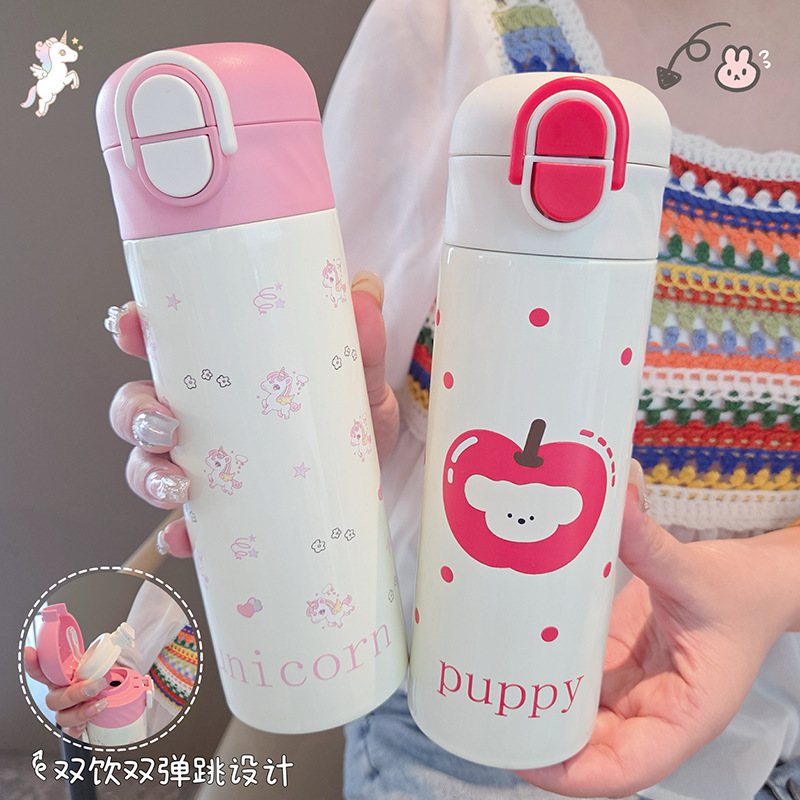 316 ステンレス鋼のダブルドリンク魔法瓶カップ女の子のための見栄えの良いウォーターカップストローカップ付きかわいい漫画の子供と学生カップ|undefined