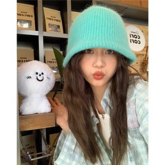 ドーパミン染め風！韓国風ふわふわウサギ毛ニットのバケットハット、女性用秋冬万能フィッシャーマンハット