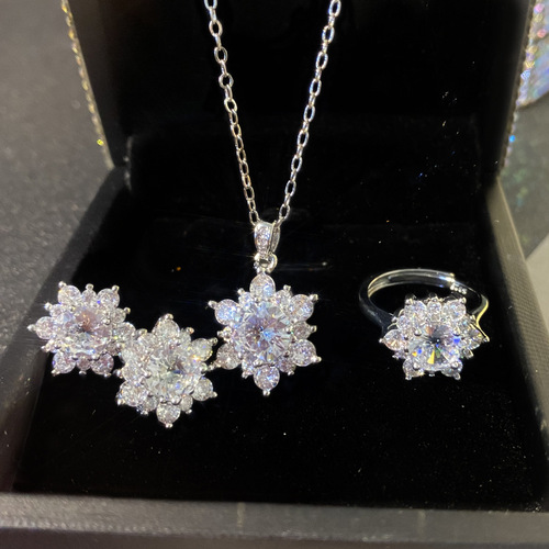 Xiaohongshu Recommended Live Streaming Sunflower Necklace Set with Flowers Petals Micro-Set Full Diamond Open Ring Earrings