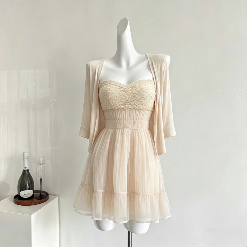 Korean-Style Gentle Style Heavy Beaded Mesh Strap Dress Unique and Beautiful Waist-Cinching A-Line Date Short Dress Set Korean-Style Gentle Style Heavy Beaded Mesh Strap Dress Unique and Beautiful Waist-Cinching A-Line Date Short Dress Set