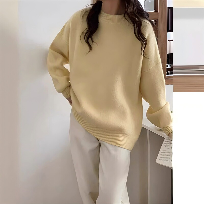 韓国スタイルのレイジースタイルの柔らかいワックスのようなセーター、女性用、秋冬厚みのある2025新しいスタイルのルーズラウンドネックスタイルのニットボトムシャツ|undefined