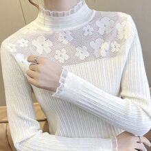 三色半高领打底衫秋季新款女装洋气百搭长袖蕾丝边花朵套头针织衫