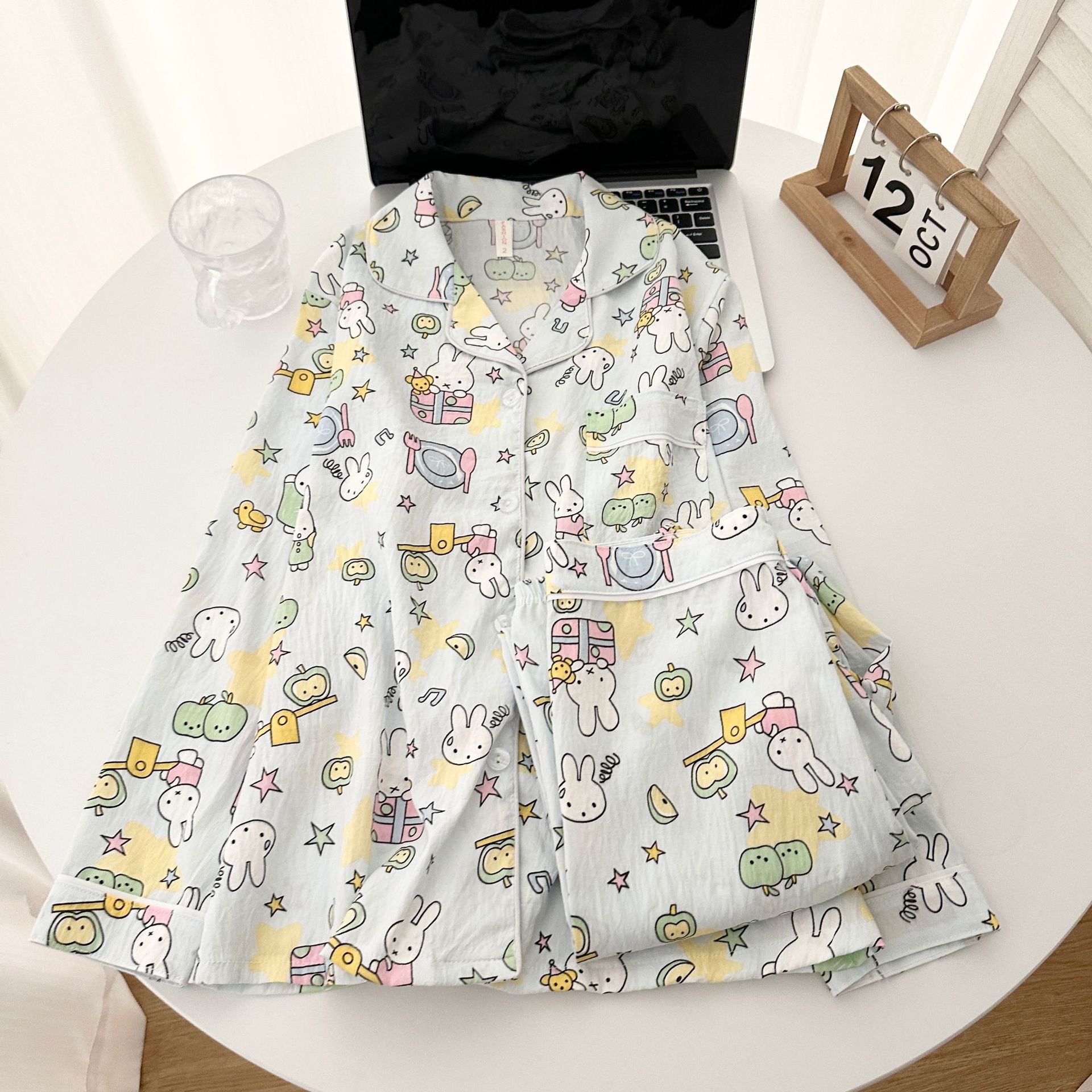 Pijamas de algodón nubes al por mayor transfronterizos de otoño de dibujos animados lindos pantalones de manga larga de dibujos animados cardigan con solapa set de ropa para el hogar
